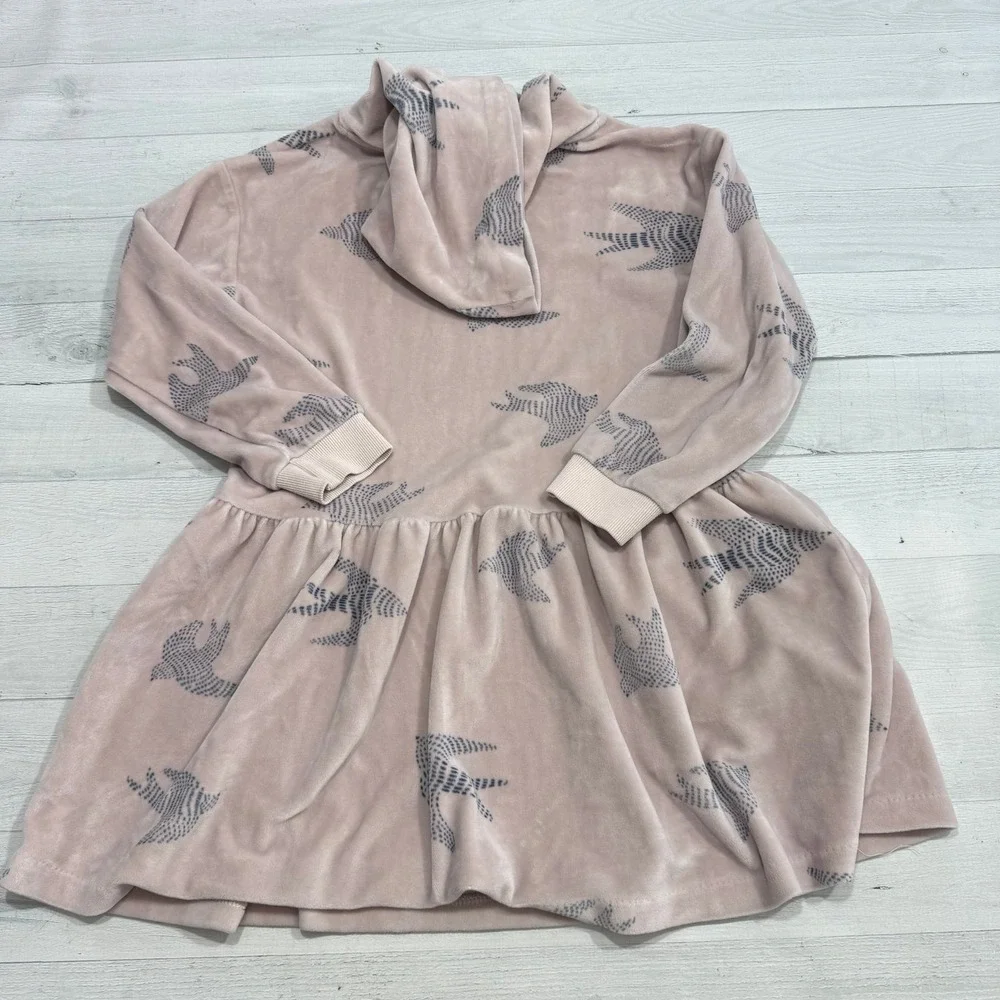 Gymboree girls light pink with birds velour long sleeve‎ hooded dress 7/8